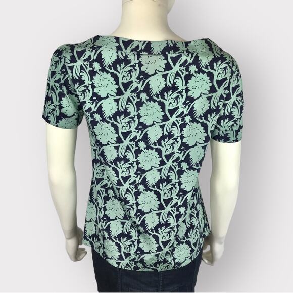 Tory Burch Floral Silk Blouse Navy Blue & Teal Silk Short Sleeves - Picture 5 of 6